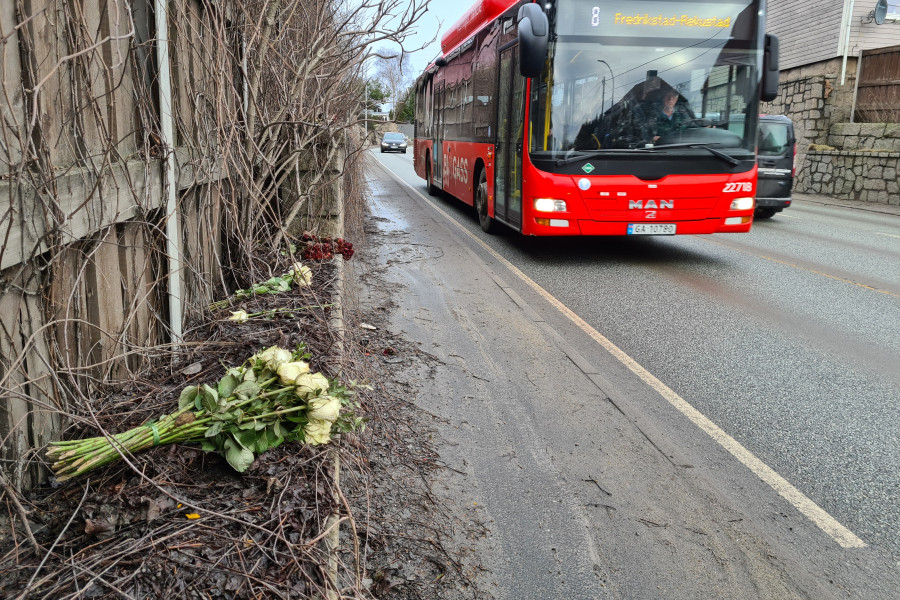 I begynnelsen av februar lå fortsatt visne blomster i veikanten for å vitne om at her hadde skjedd en dødsulykke. Foto: Arne Danielsen